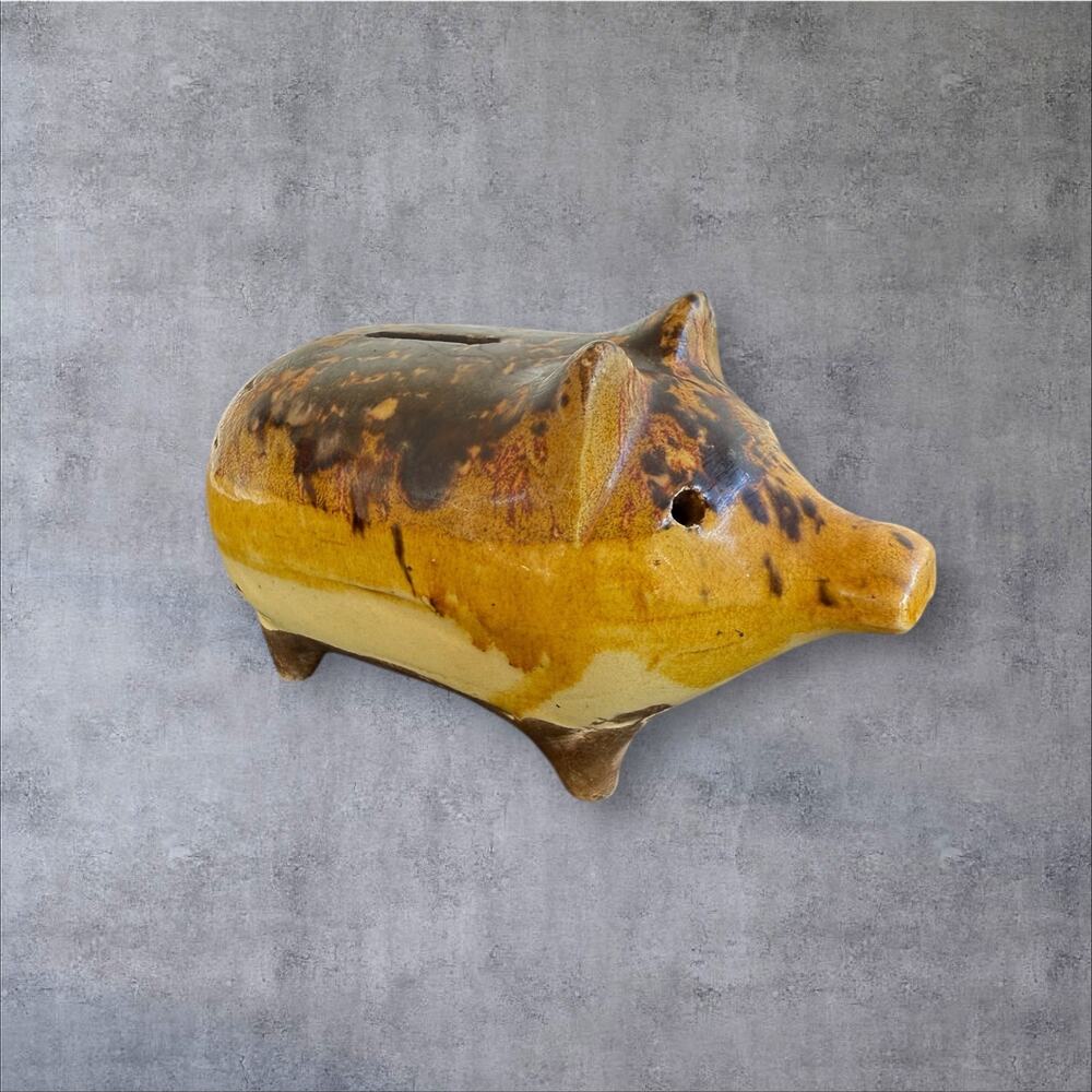 Antique American Piggy Bank Rockingham Glaze Yellow Ware Bennington Early 1900s